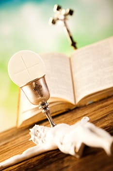 Holy Communion Bread, Wine, bright background, saturated concept
