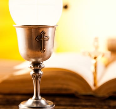 Holy Communion Bread, Wine, bright background, saturated concept