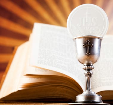 Holy Communion Bread, Wine, bright background, saturated concept