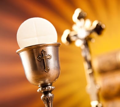 Holy Communion Bread, Wine, bright background, saturated concept