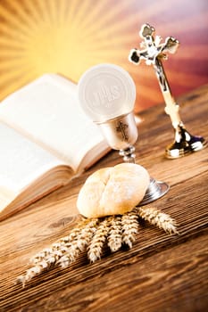 Holy Communion Bread, Wine, bright background, saturated concept