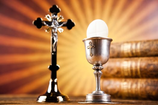 Holy Communion Bread, Wine, bright background, saturated concept