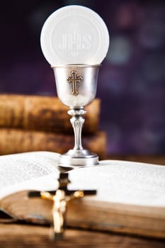 Holy Communion Bread, Wine, bright background, saturated concept