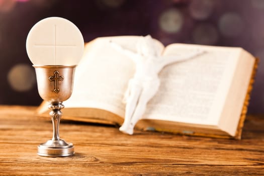 Holy Communion Bread, Wine, bright background, saturated concept