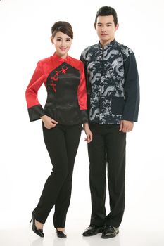 Wearing Chinese clothing waiter in front of a white background