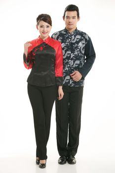 Wearing Chinese clothing waiter in front of a white background