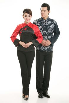 Wearing Chinese clothing waiter in front of a white background