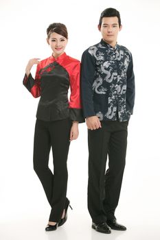 Wearing Chinese clothing waiter in front of a white background