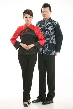 Wearing Chinese clothing waiter in front of a white background