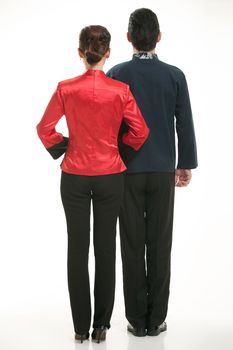 Wearing Chinese clothing waiter in front of a white background