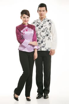 Wearing Chinese clothing waiter in front of a white background