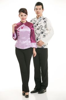 Wearing Chinese clothing waiter in front of a white background