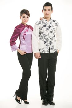 Wearing Chinese clothing waiter in front of a white background