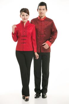 Wearing Chinese clothing waiter in front of a white background