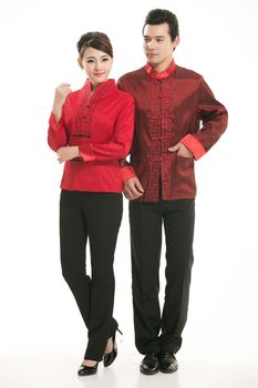 Wearing Chinese clothing waiter in front of a white background