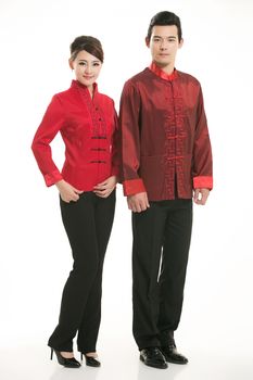 Wearing Chinese clothing waiter in front of a white background