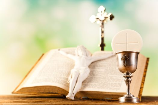 First communion, bright background, saturated concept