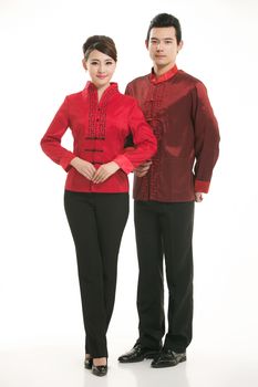 Wearing Chinese clothing waiter in front of a white background