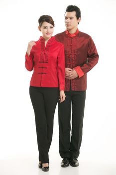 Wearing Chinese clothing waiter in front of a white background