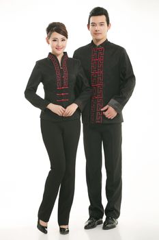 Wearing Chinese clothing waiter in front of a white background