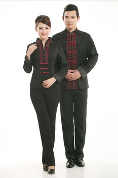 Wearing Chinese clothing waiter in front of a white background