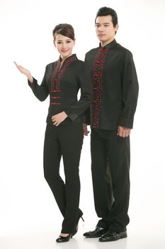 Wearing Chinese clothing waiter in front of a white background