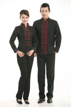 Wearing Chinese clothing waiter in front of a white background