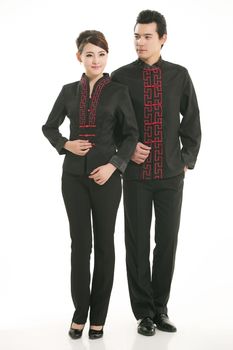 Wearing Chinese clothing waiter in front of a white background