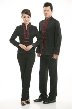 Wearing Chinese clothing waiter in front of a white background