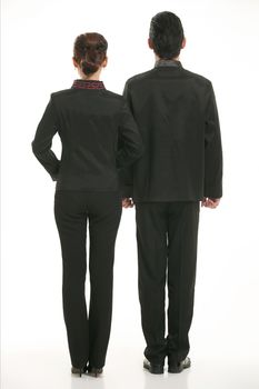 Wearing Chinese clothing waiter in front of a white background