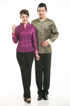 Wearing Chinese clothing waiter in front of a white background