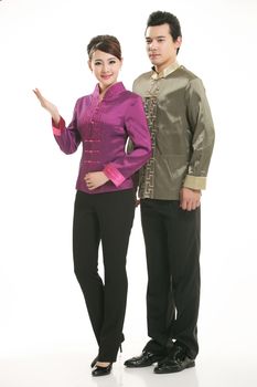 Wearing Chinese clothing waiter in front of a white background