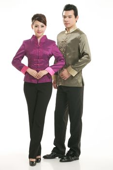 Wearing Chinese clothing waiter in front of a white background