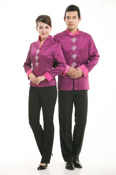 Wearing Chinese clothing waiter in front of a white background