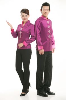 Wearing Chinese clothing waiter in front of a white background