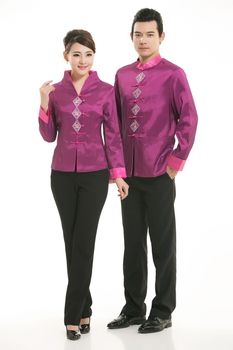 Wearing Chinese clothing waiter in front of a white background