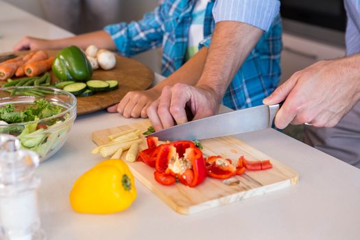 Happy family preparing vegetables together at home in the kitchen