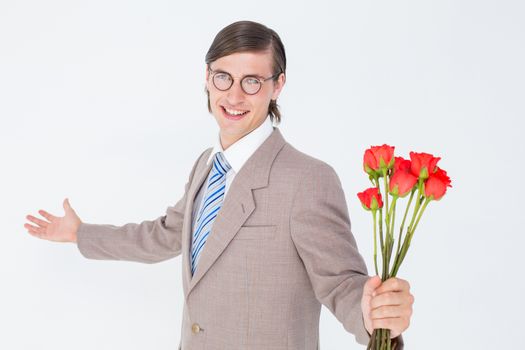 Geeky hipster offering bunch of roses on white background 