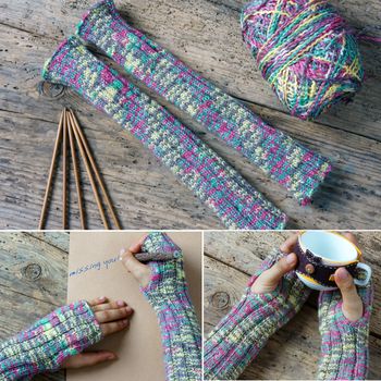 Women hand knitting wool glove to make christmas present, a special gift for cold winter, colorful wool ball, two point needle on wooden background