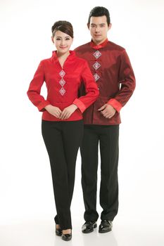 Wearing Chinese clothing waiter in front of a white background