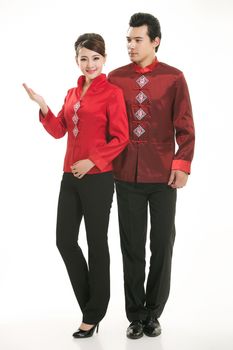 Wearing Chinese clothing waiter in front of a white background