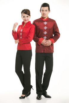 Wearing Chinese clothing waiter in front of a white background