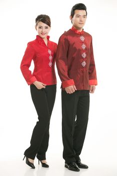 Wearing Chinese clothing waiter in front of a white background