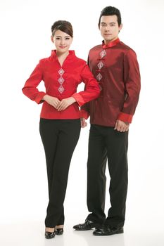 Wearing Chinese clothing waiter in front of a white background