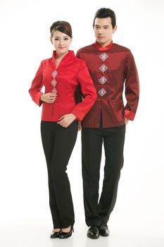 Wearing Chinese clothing waiter in front of a white background