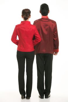 Wearing Chinese clothing waiter in front of a white background