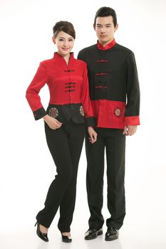 Wearing Chinese clothing waiter in front of a white background