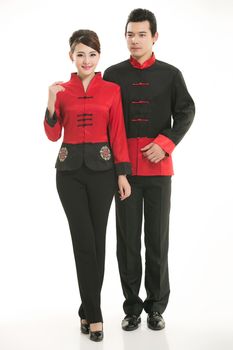 Wearing Chinese clothing waiter in front of a white background