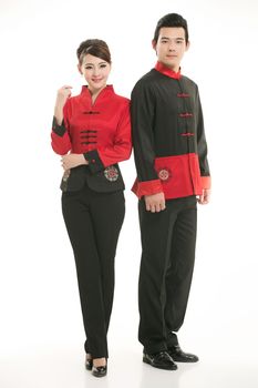 Wearing Chinese clothing waiter in front of a white background