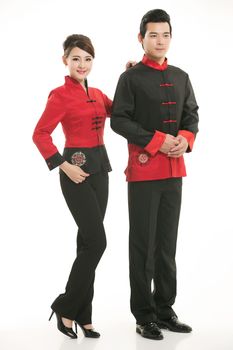 Wearing Chinese clothing waiter in front of a white background